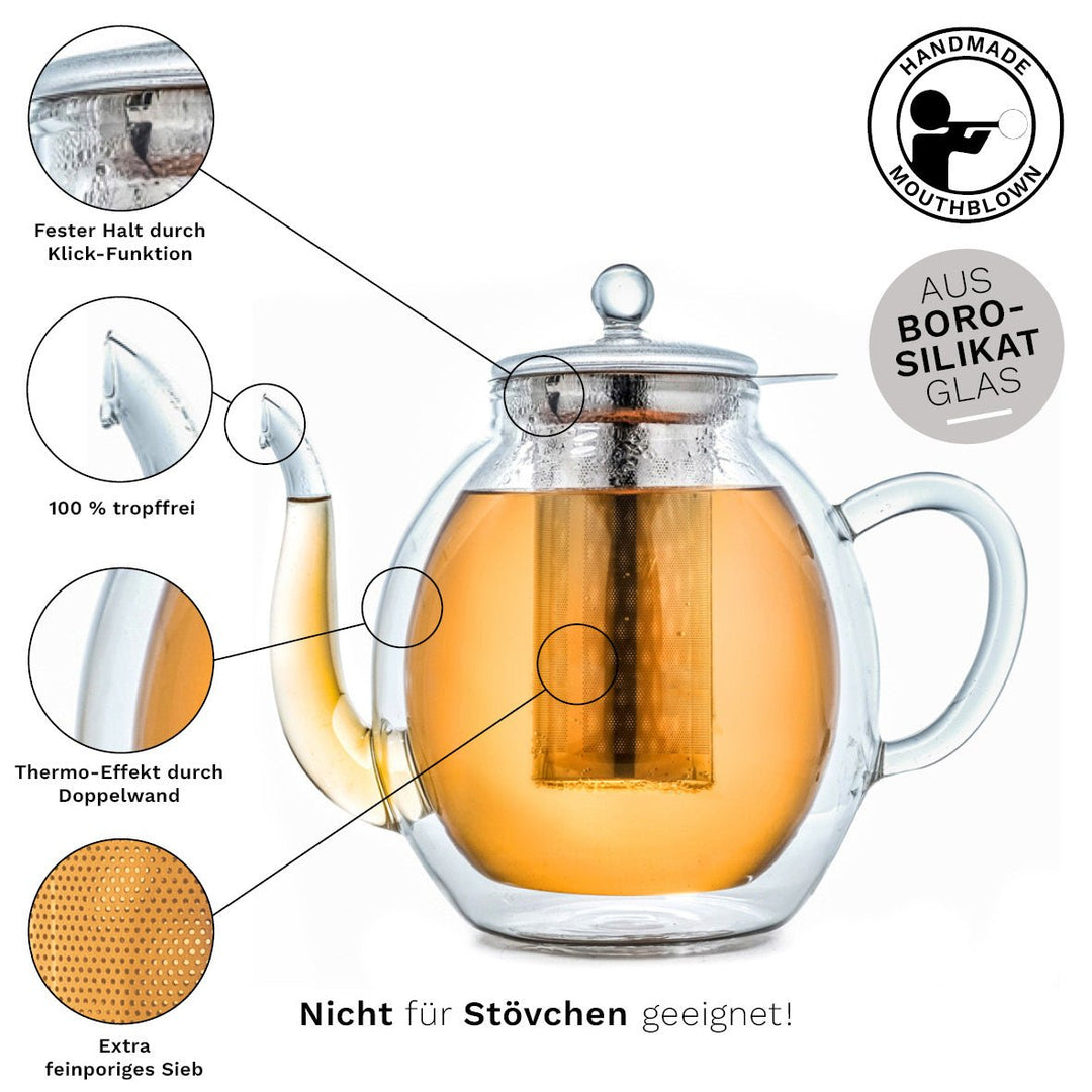 Doppelwandige Glas - Teekanne mit Edelstahlfilter "hoch" 1,4 Liter